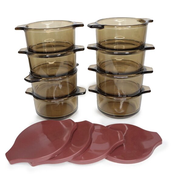 Vintage Dynaware Pyr-O-Rey Amber Glass Small Baking Casserole Bowls Mexico x 8 - Picture 1 of 15